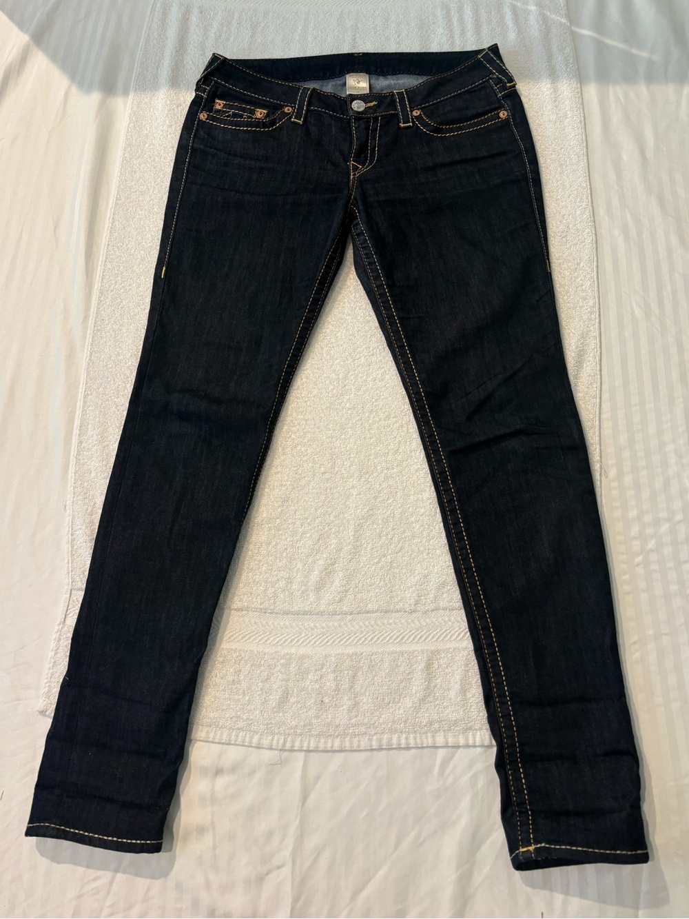 True Religion Dark Wash Skinny Jeans Women Size 32 L Made USA Y2K Stitch A08